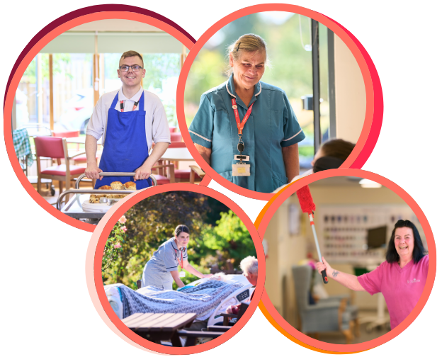 St Helena canteen staff, a nurse, a patient in the garden and a cleaner