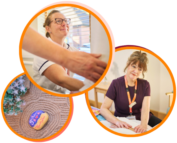 3 pictures, one containing a painted rock in a peaceful sand garden; one containing a complementary therapist providing a massage to a patient in bed; and one containing two occupational therapists helping a patient be free standing