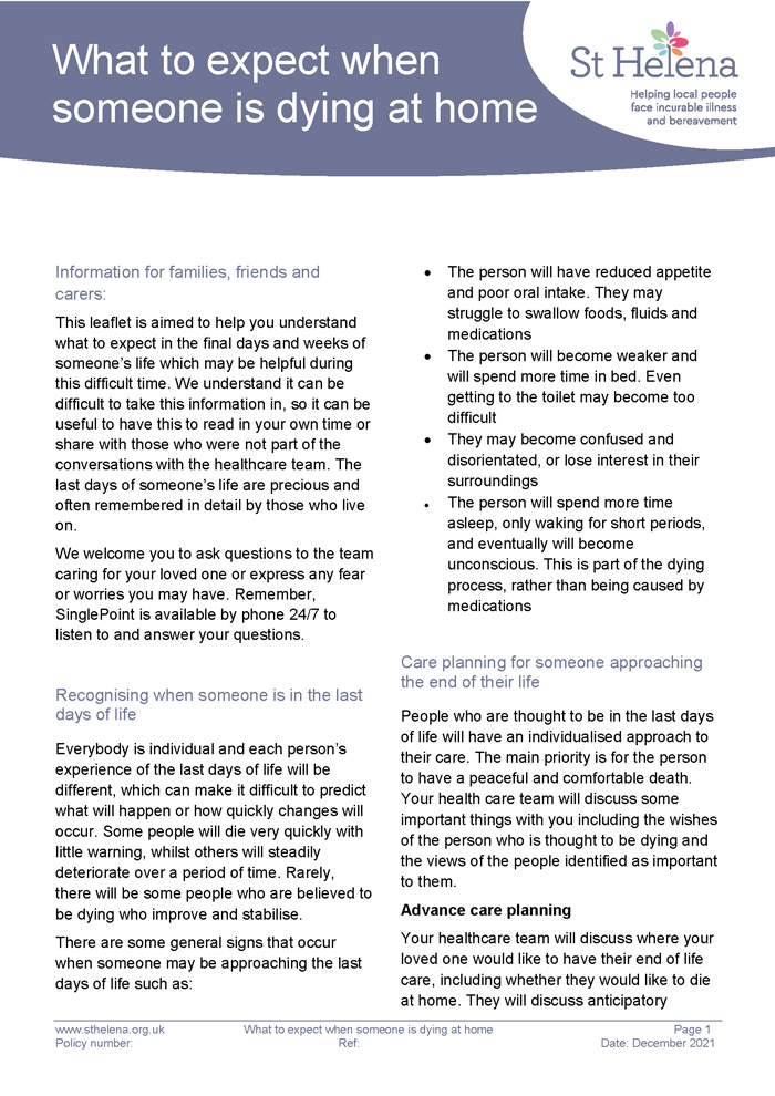 What to expect when someone is dying at home