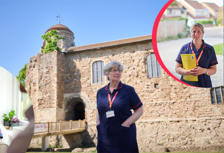 A Hospice in the Home nurse standing in front of Colchester Castle ready to deliver care to Colchester
